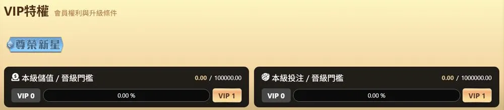 樂遊娛樂城VIP特權頁的升級進度條：本級儲值與本級投注