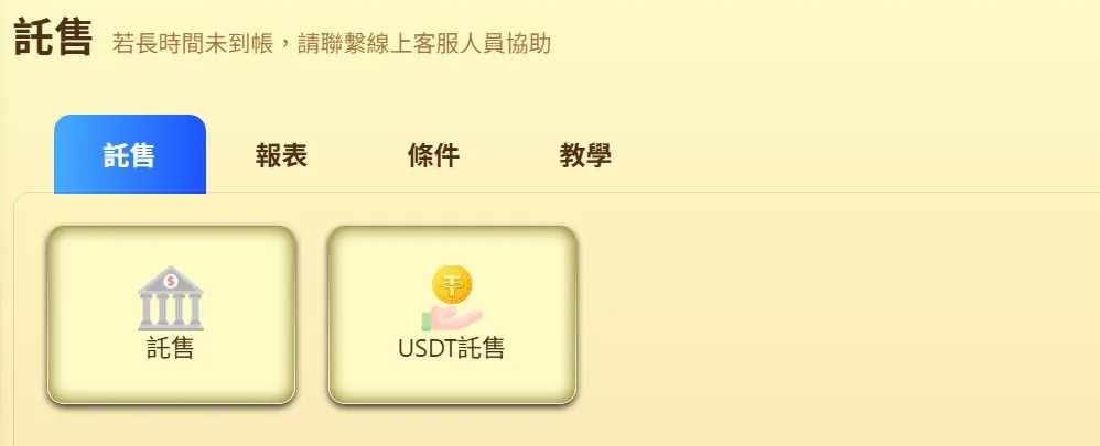 樂遊娛樂城託售頁,可選銀行託售或USDT託售